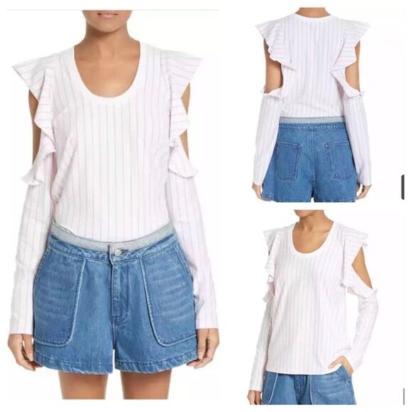 OPENING CEREMONY Top Womens XS White and Pink Striped Ruffle Cold Shoulder Shirt - Picture 1 of 10